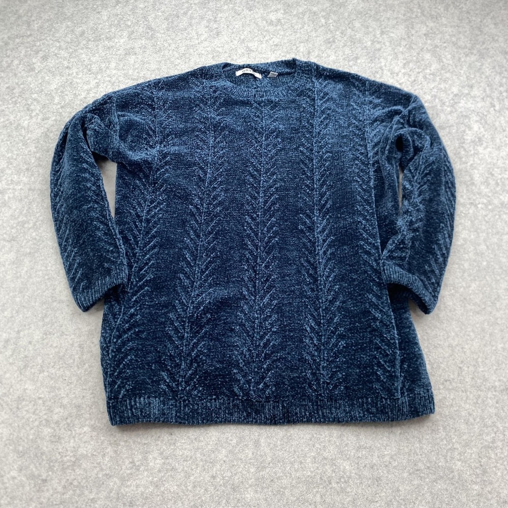 Orvis Sweater Womens Large Blue Soft Chenille Chunky Knit Crewneck Pullover